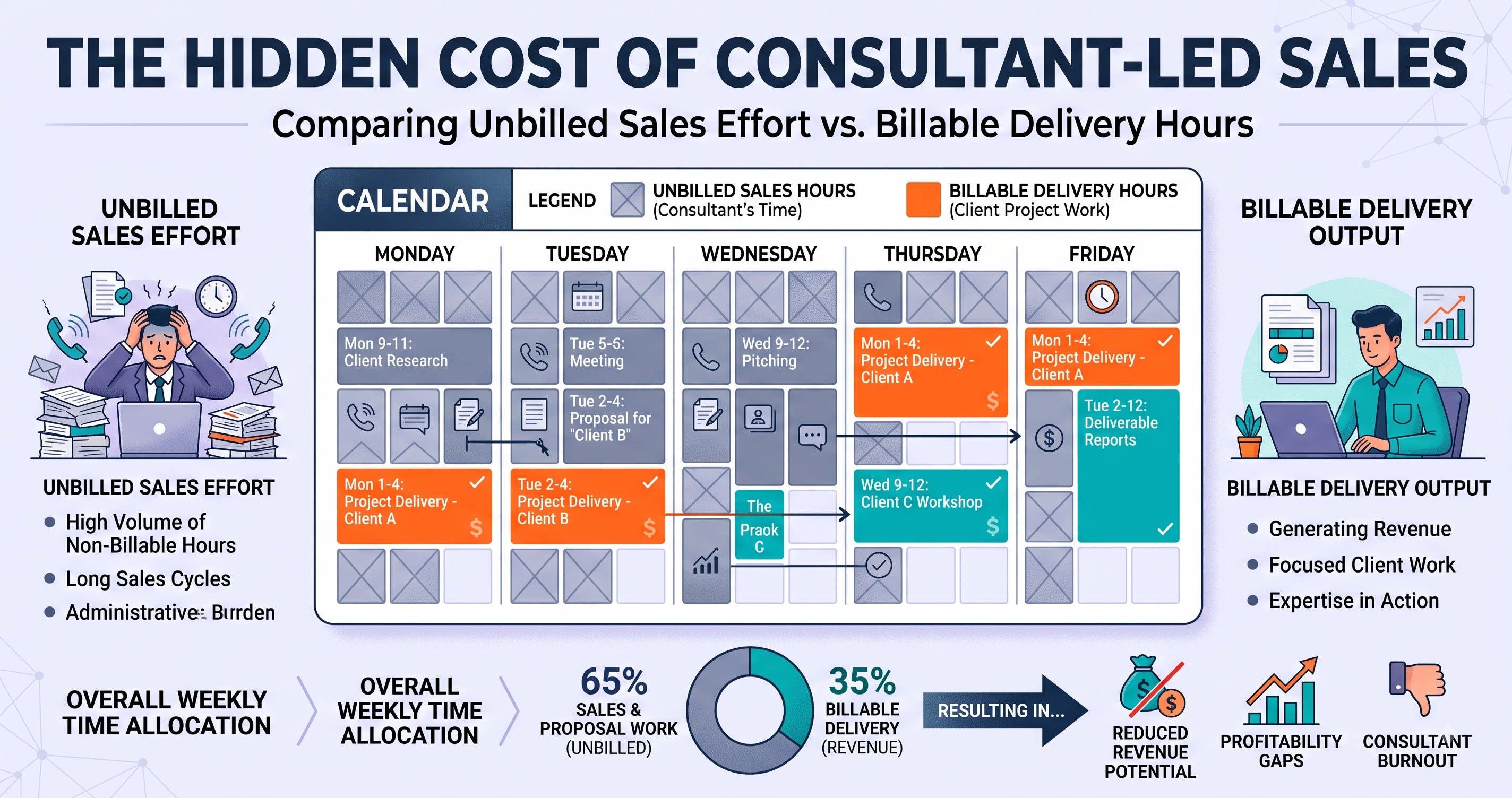 A calendar showing unbilled sales hours stacked against billable delivery hours