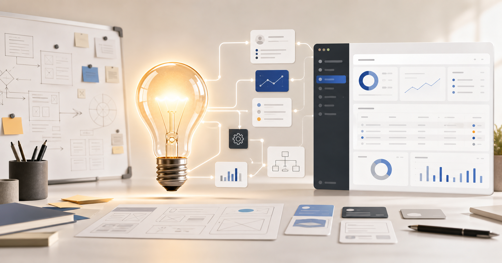 A glowing light bulb connected to app dashboard wireframes and workflow blocks